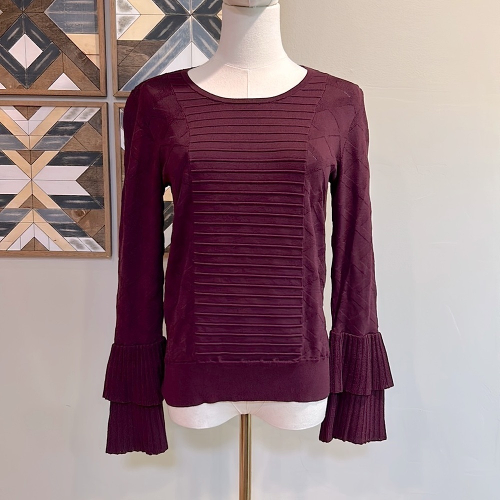 Parker NY Women’s Burgundy Maroon Ruffle Sleeve Sweater Top Anthropologie Small